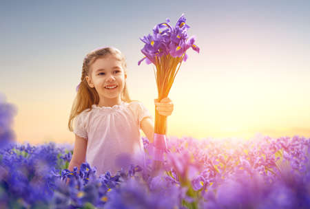 little girl and purple irisの写真素材