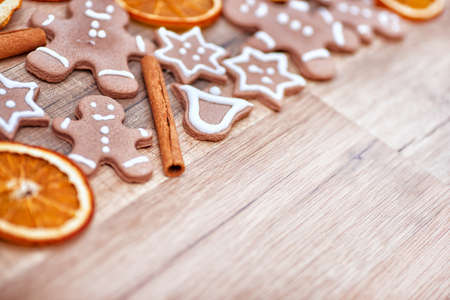 Gingerbread on wooden backgroundの写真素材