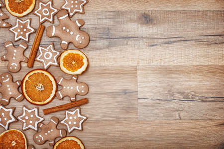 Gingerbread on wooden backgroundの写真素材