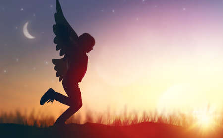 Little girl plays outdoors. Child on the background of sunset sky. Kid with the wings of a bird dreams of flying.の写真素材