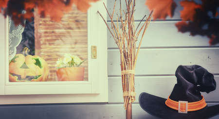 Happy halloween! The window of a house decorated for the holiday.の写真素材