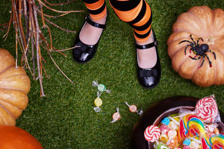 Happy Halloween! Pumpkin, candy, spider and child in witch costume on green grass. Top view.の写真素材