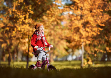 Cute little happy girl walking in autumn Park. Pretty child enjoys the beautiful autumn nature.の写真素材