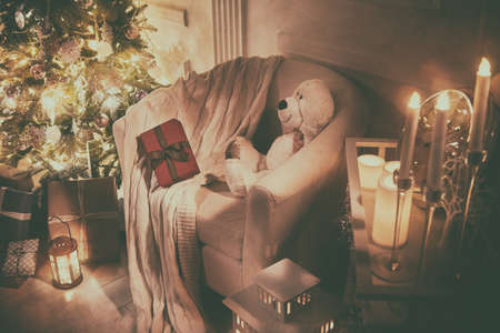 Merry Christmas and Happy Holidays! A beautiful living room decorated for Christmas.の写真素材