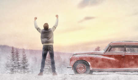 Toward adventure! Man is relaxing and enjoying road trip. Successful man looking up to sunset sky enjoying freedom. Positive human emotion feeling life perception success, peace of mind concept.の写真素材