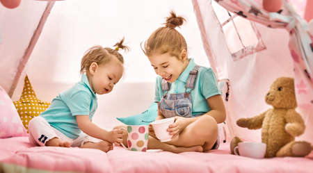 Two cute happy girls play at home. Funny lovely sisters are having fun in children room. Girls play tea-party and drink tea from cups.の写真素材