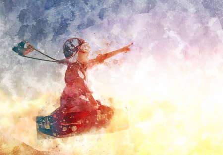 Dreams of travel! Child flying on a suitcase against the backdrop of a sunset. illustrationの写真素材