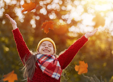 Happy child playing with autumn leaves on the nature walk.の写真素材