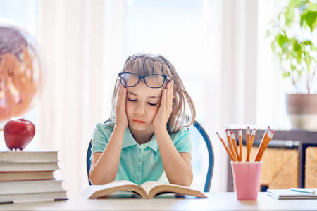 Back to school! Happy cute industrious child is sitting at a desk indoors. Kid is learning in class....