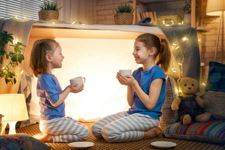 Two cute happy girls play at home. Funny lovely sisters are having fun in children room. Girls play tea-party and drink tea from cups.の写真素材