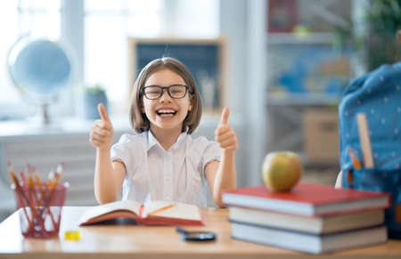 Back to school! Happy cute industrious child is sitting at a desk indoors. Kid is learning in class.の写真素材