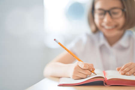 Back to school! Happy cute industrious child is sitting at a desk indoors. Kid is learning in class.