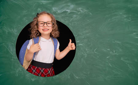 Back to school! Happy cute industrious child indoors.の写真素材