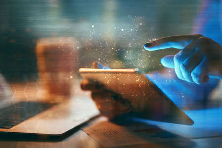 Businesswoman using tablet. Business strategy. Abstract icon. Digital marketing.