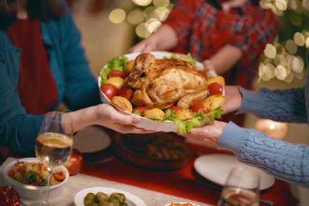 Merry Christmas and Happy New Year! A beautiful living room decorated for holidays. Table served to the dinner. Women are holding turkey.の写真素材