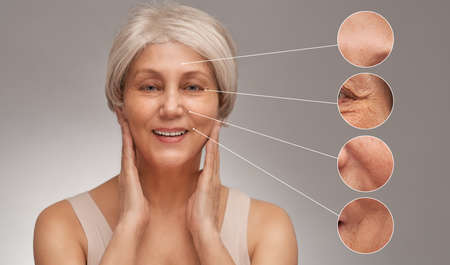 Portrait of beautiful senior woman. Close ups of wrinkles and skin imperfection on the face. Aging...