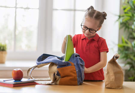 Happy child preparing for school. Little girl is putting things into backpack.の写真素材