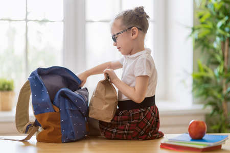 Happy child preparing for school. Little girl is putting things into backpack.の写真素材