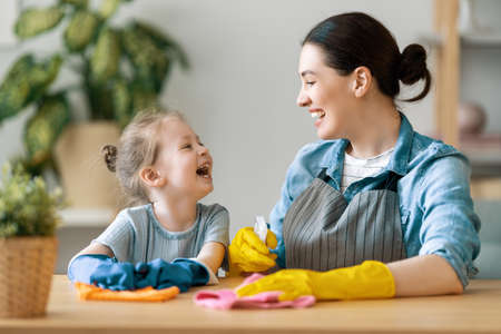 Happy family at home. Mother and daughter doing the cleaning in the house. A young woman and child girl are dusting. Cute little helper.の写真素材