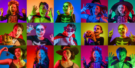 Happy Halloween! Collage of portraits people in carnival costumes at party in colorful lighting.の写真素材