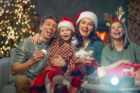 Merry Christmas and Happy New Year. People having fun near tree indoors. Loving family watching...