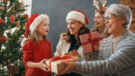 Merry Christmas and Happy Holidays. Cheerful kids presenting gifts to mom and granny. Parents and...