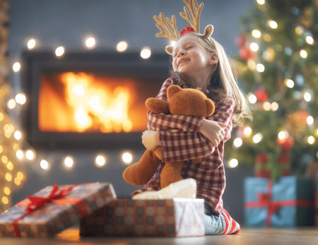 Merry Christmas and Happy Holidays! Cheerful cute child girl with gift. Kid is having fun near tree.の写真素材