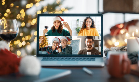 Family having remote conversation on Christmas. People congratulating each other.の写真素材