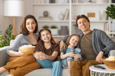 Happy family watching projector, TV, movies with popcorn in the evening at home. Mother, father and daughters spending time together.の写真素材