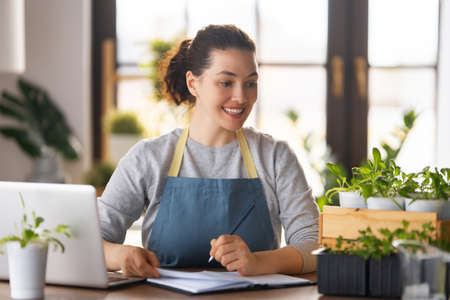 Woman caring for plants at home in spring day.の写真素材
