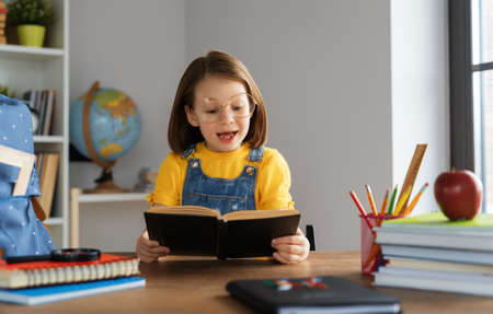 Back to school! Happy cute industrious child is sitting at a desk indoors. Kid is learning in class or lesson.の写真素材