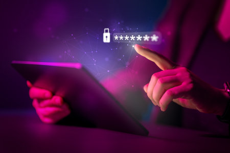 Lock the tablet pc with a password for cybersecurity or a password to confirm login in the online banking application. Cyber security threats.の写真素材