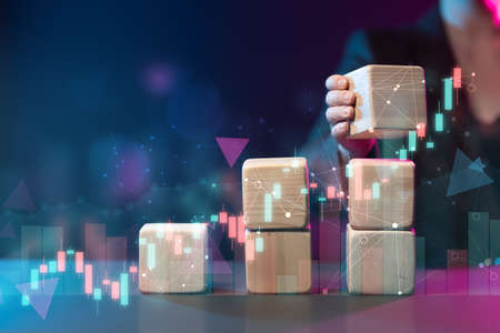 Office woman with blocks. Stock market changes, business chart.