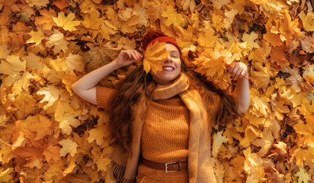 Happy fall, healthy autumn. Outdoor lifestyle portrait of young beautiful lady. Woman is walking in...