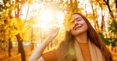 Happy fall, healthy autumn. Outdoor lifestyle portrait of young beautiful lady. Woman is walking in...