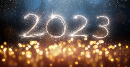 2023 New Year festive fireworks lights on dark background.
