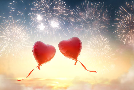 Happy Valentine's Day banner. Holiday background design with big heart air balloons.の写真素材