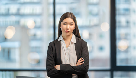 Young asian woman standing near window with uncertainty while thinking about her future business.の写真素材