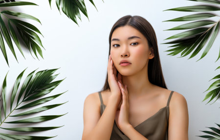 Beautiful asian girl with clean skin, natural makeup on grey background.の写真素材
