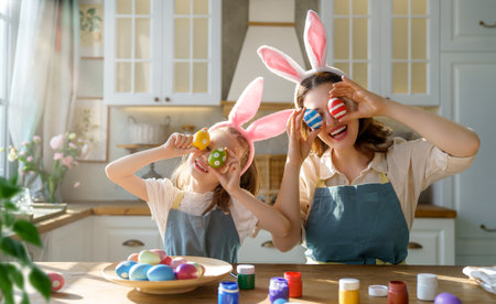 Happy mother and her daughter wearing aprons holding painted colorful eggs while decorating them...