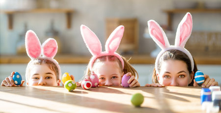 Happy mother and her daughters wearing aprons holding painted colorful eggs while decorating them with food dyes in cozy kitchen at home. Easter craft activities for families.の写真素材