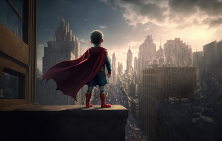 A child in a superhero costume stands on the roof of a building. Generative AIの素材