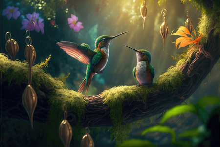 fantastic birds in a fairy-tale forest, generative AIの素材