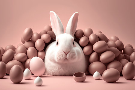White Easter bunny with chocolate eggs on pink background. Generative AIの素材