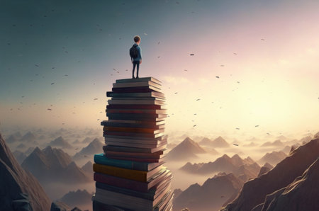 A child standing among many books against the background of sunset. Generative AIの素材