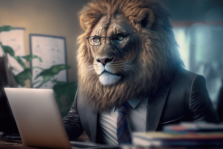 portrait of a lion wearing a suit in the officeの素材