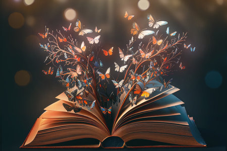 Butterflies flying out of an open book. Generative AI.の素材