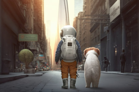 a child in a spacesuit walks a pet. Generative AIの素材