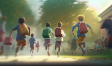 A group of schoolchildren with backpacks runs to school. Generative AIの素材
