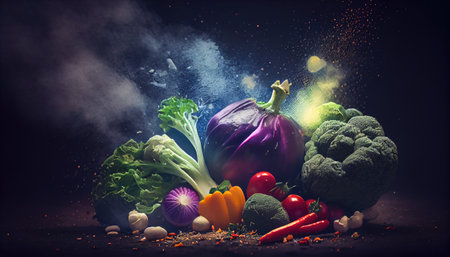 Assortment of vegetables on a dark background. Generative AIの素材